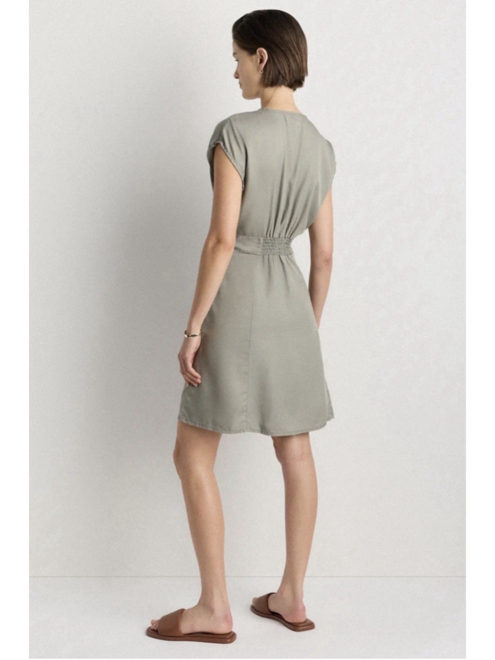 Quince Vintage Wash Button Down Mini Dress M Tencel Olive Green Nature Utility - Picture 3 of 11